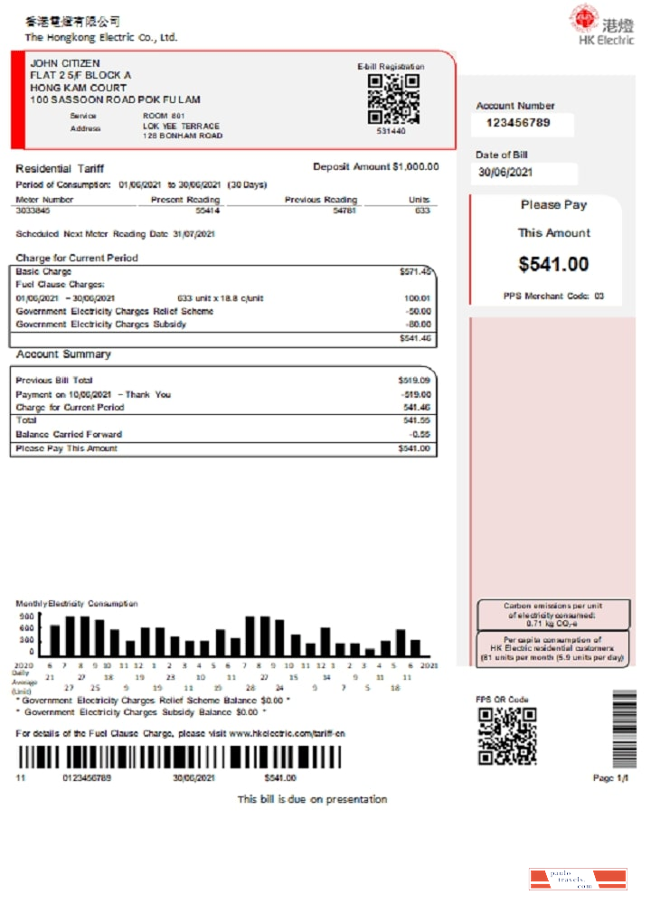 Hong Kong Hongkong Electric Company utility bill